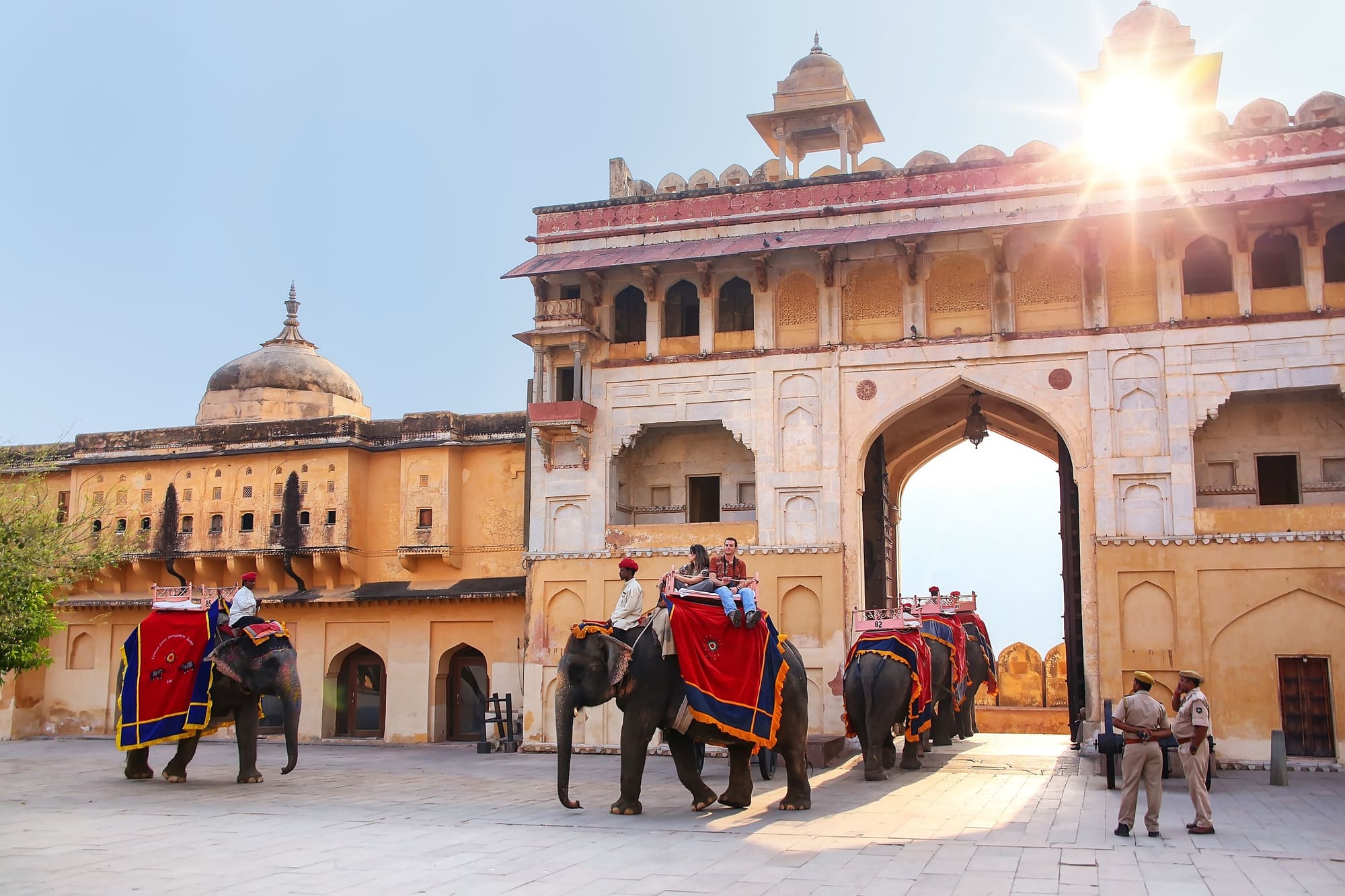 Elephants climbing the ramp to the gateway of Amber Fort, Jaipur
