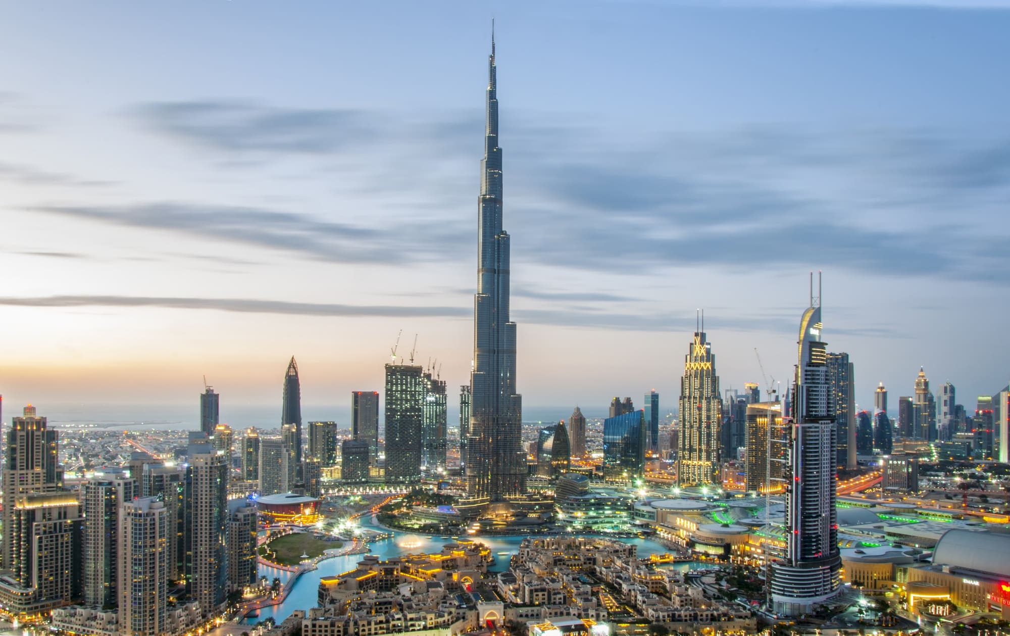 The Burj Khalifa rising above downtown Dubai in clear daylight