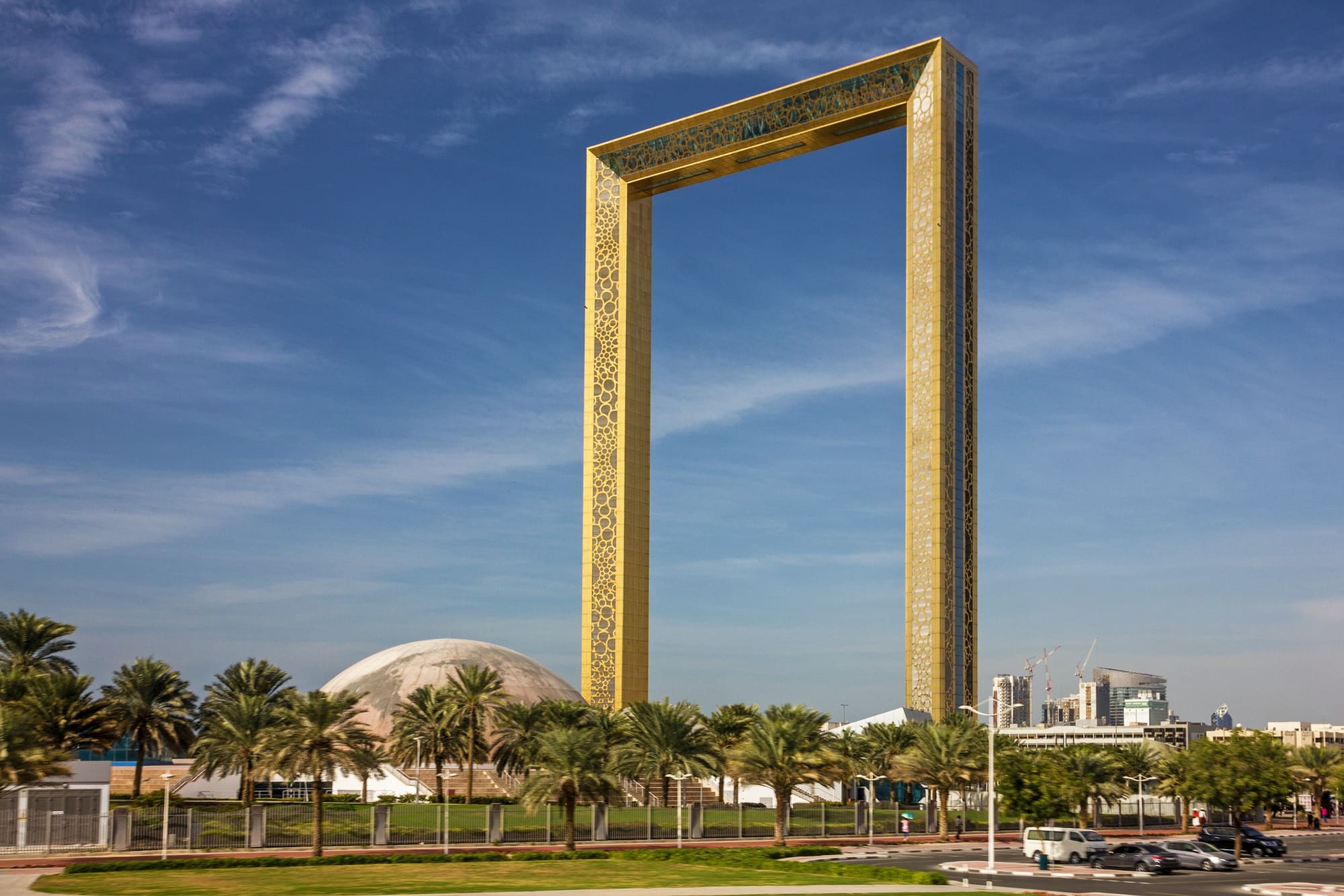 The golden Dubai Frame standing above Zabeel Park