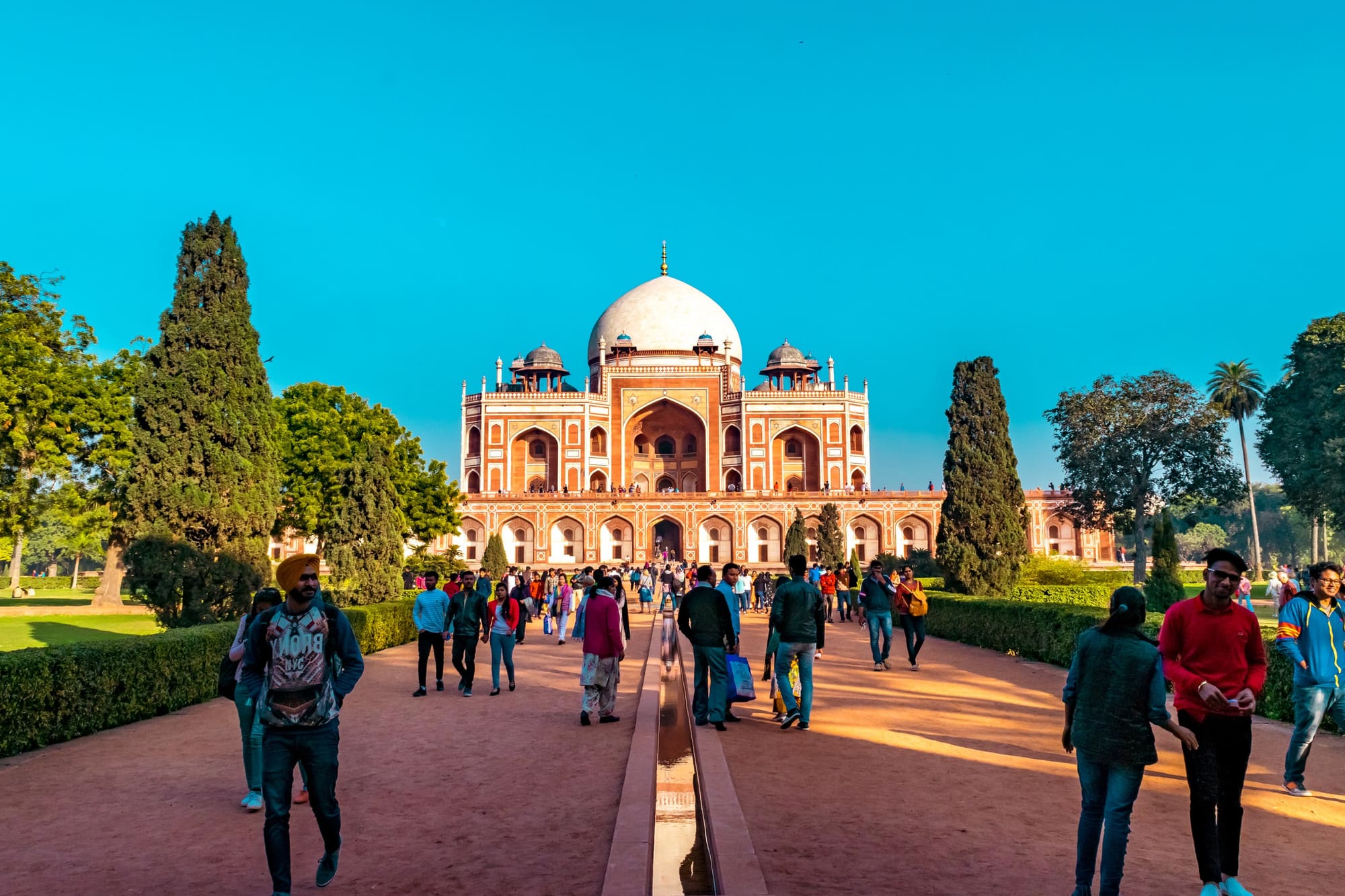 Humayun's Tomb in Delhi, red sandstone beneath its white marble dome