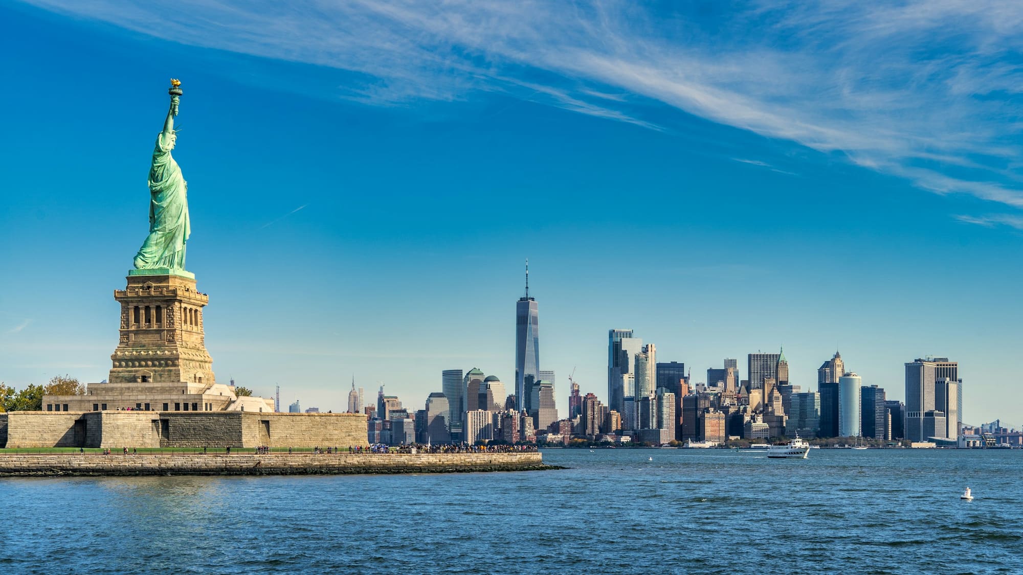 The Statue of Liberty with the Manhattan skyline behind her