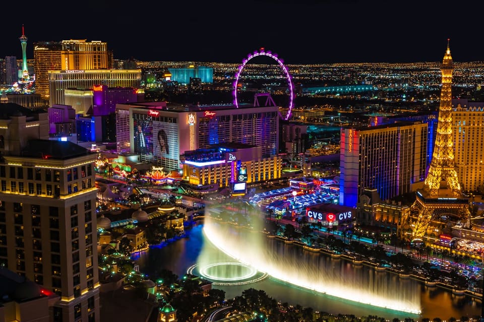 The Las Vegas Strip lit up at night, seen from above